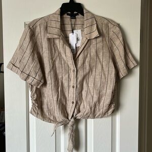 Sanctuary Beige Striped Tie-Front Button-Down Linen Shirt